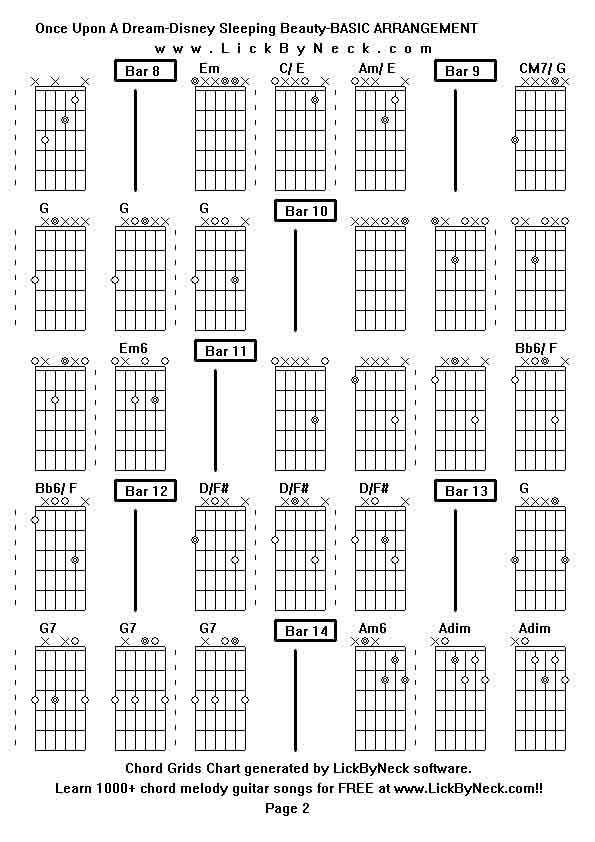 Chord Grids Chart of chord melody fingerstyle guitar song-Once Upon A Dream-Disney Sleeping Beauty-BASIC ARRANGEMENT,generated by LickByNeck software.